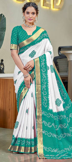 Green, White and Off White color Saree in Cotton fabric with Bandhej, Printed, Weaving work