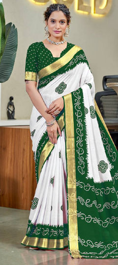 Green, White and Off White color Saree in Cotton fabric with Bandhej, Printed, Weaving work