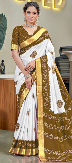 Green, White and Off White color Saree in Cotton fabric with Bandhej, Printed, Weaving work