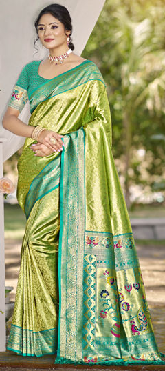 Green color Saree in Kanjeevaram Silk fabric with Weaving work