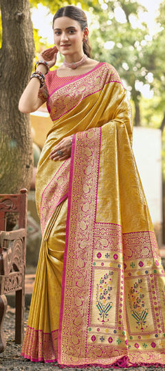 Yellow color Saree in Kanjeevaram Silk fabric with Weaving work