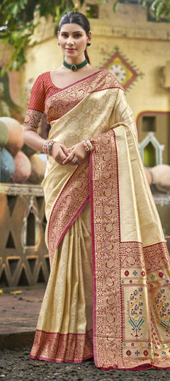 White and Off White color Saree in Kanjeevaram Silk fabric with Weaving work