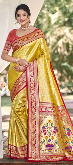 Yellow color Saree in Kanjeevaram Silk fabric with Weaving work