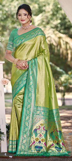 Green color Saree in Kanjeevaram Silk fabric with Weaving work