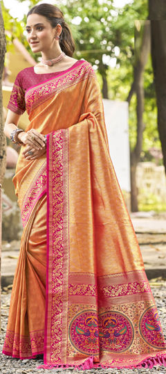 Orange color Saree in Kanjeevaram Silk fabric with Weaving work