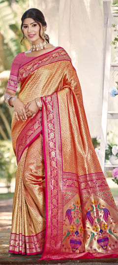 Orange color Saree in Kanjeevaram Silk fabric with Weaving work