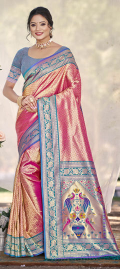 Pink and Majenta color Saree in Kanjeevaram Silk fabric with Weaving work