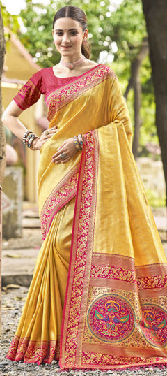 Yellow color Saree in Kanjeevaram Silk fabric with Weaving work