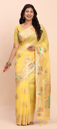 Yellow color Saree in Cotton, Linen fabric with Weaving work