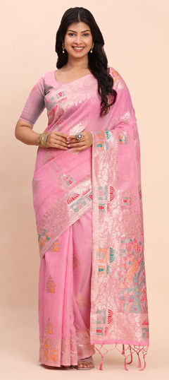 Pink and Majenta color Saree in Cotton, Linen fabric with Weaving work