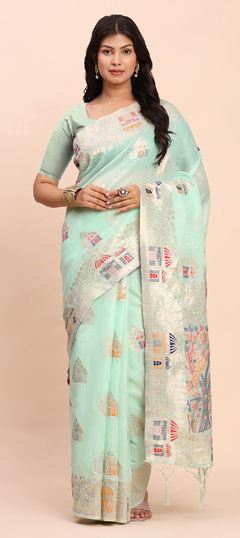 Green color Saree in Cotton, Linen fabric with Weaving work