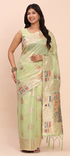 Green color Saree in Cotton, Linen fabric with Weaving work
