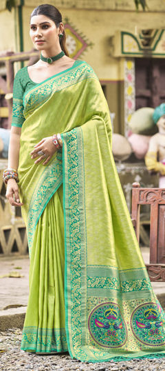 Green color Saree in Kanjeevaram Silk fabric with Weaving work