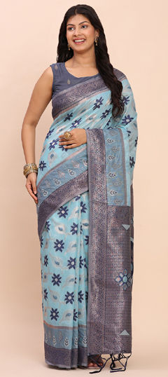 Blue color Saree in Cotton, Linen fabric with Weaving work