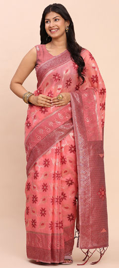Pink and Majenta color Saree in Cotton, Linen fabric with Weaving work
