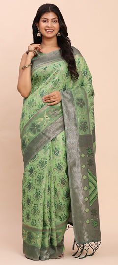 Green color Saree in Cotton, Linen fabric with Weaving work