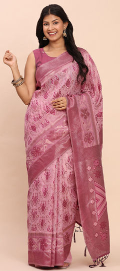 Pink and Majenta color Saree in Cotton, Linen fabric with Weaving work