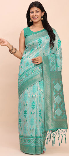 Green color Saree in Cotton, Linen fabric with Weaving work