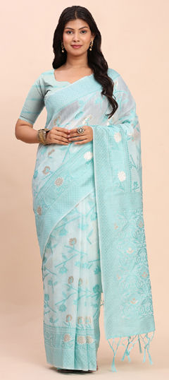 Blue color Saree in Cotton, Linen fabric with Weaving work