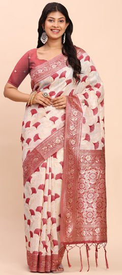 Red and Maroon color Saree in Cotton, Linen fabric with Weaving work