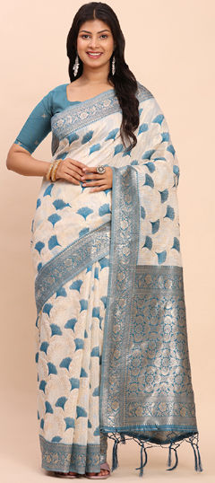 Blue color Saree in Cotton, Linen fabric with Weaving work