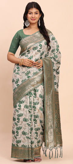 Green color Saree in Cotton, Linen fabric with Weaving work