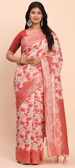 Red and Maroon color Saree in Cotton, Linen fabric with Weaving work