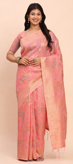 Pink and Majenta color Saree in Cotton, Linen fabric with Weaving work