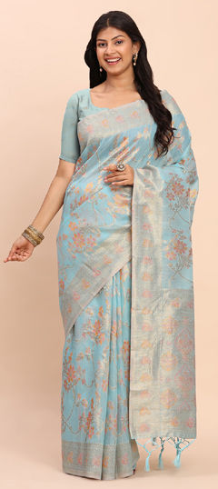 Blue color Saree in Cotton, Linen fabric with Weaving work