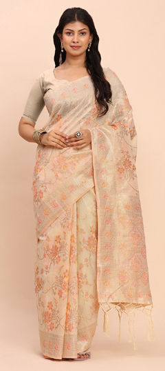 White and Off White color Saree in Cotton, Linen fabric with Weaving work