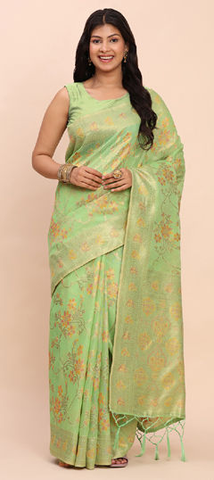 Green color Saree in Cotton, Linen fabric with Weaving work