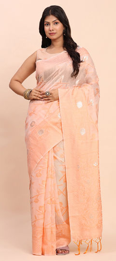 Pink and Majenta color Saree in Cotton, Linen fabric with Weaving work