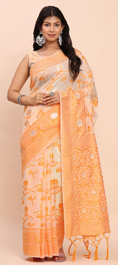 Orange color Saree in Cotton, Linen fabric with Weaving work