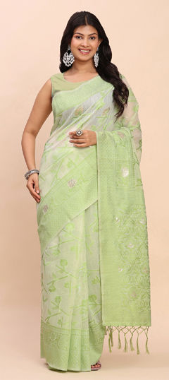 Green color Saree in Cotton, Linen fabric with Weaving work