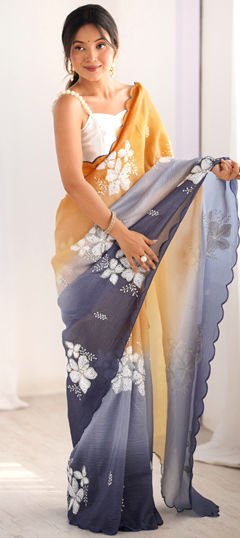 Black and Grey, Orange color Saree in Crushed Silk fabric with Embroidered, Thread work