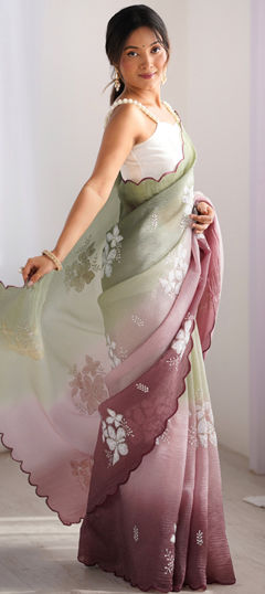 Green, Pink and Majenta color Saree in Crushed Silk fabric with Embroidered, Thread work