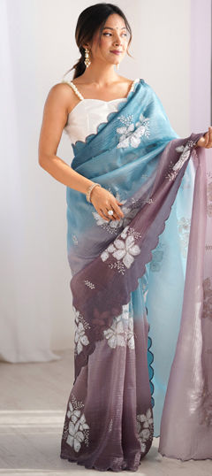 Black and Grey, Blue color Saree in Crushed Silk fabric with Embroidered, Thread work