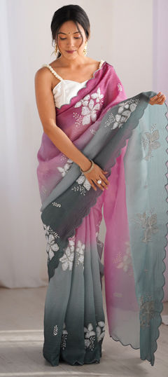 Green, Pink and Majenta color Saree in Crushed Silk fabric with Embroidered, Thread work
