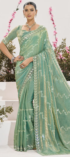 Green color Saree in Silk fabric with Sequence, Thread work
