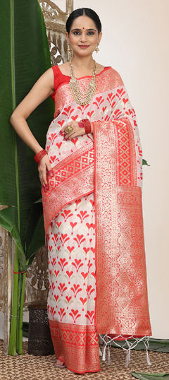 Red and Maroon, White and Off White color Saree in Cotton, Linen fabric with Weaving work