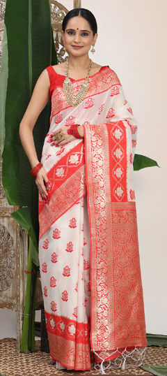 Red and Maroon, White and Off White color Saree in Cotton, Linen fabric with Weaving work