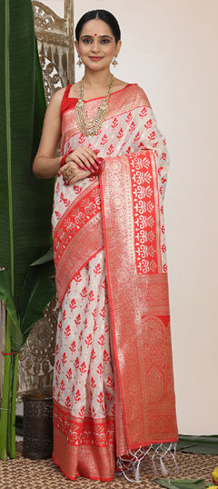 Red and Maroon, White and Off White color Saree in Cotton, Linen fabric with Weaving work