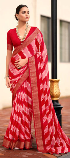 Pink and Majenta, Red and Maroon color Saree in Art Silk fabric with Lehariya, Printed, Weaving work