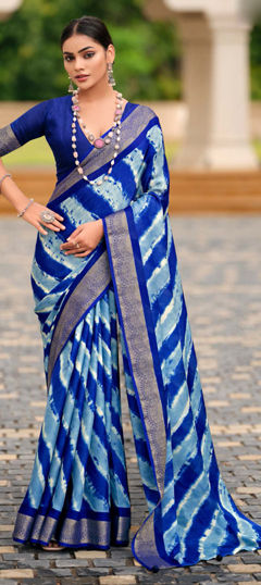 Blue color Saree in Art Silk fabric with Lehariya, Printed, Weaving work