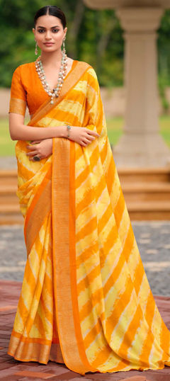 Yellow color Saree in Art Silk fabric with Lehariya, Printed, Weaving work