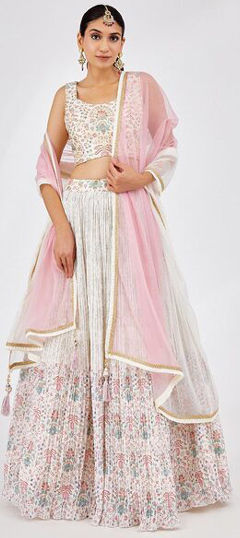 White and Off White color Lehenga in Georgette fabric with Floral, Printed work