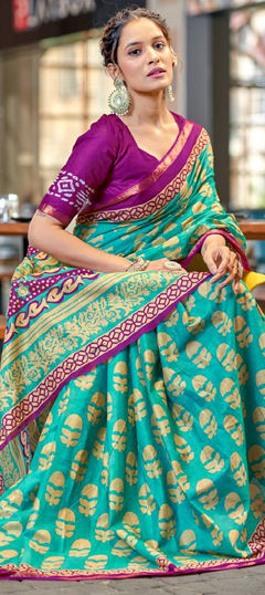 Green color Saree in Cotton, Malmal fabric with Printed work