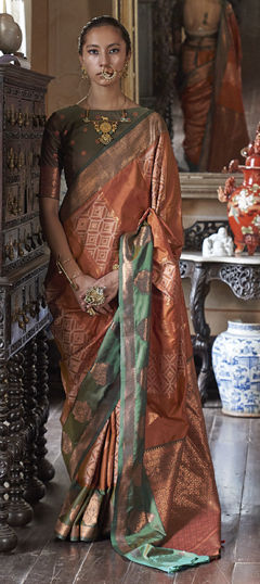 Beige and Brown color Saree in Silk fabric with Weaving work