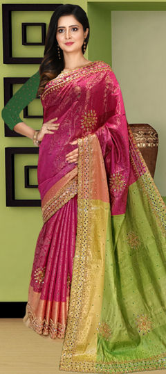 Pink and Majenta color Saree in Kanjeevaram Silk fabric with Bugle Beads, Mirror, Stone work