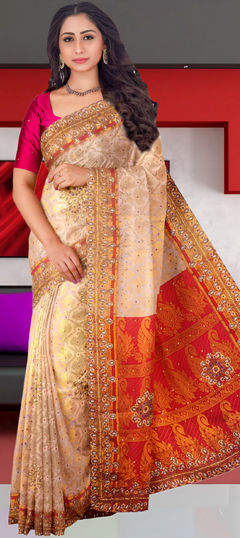 Beige and Brown color Saree in Kanjeevaram Silk fabric with Bugle Beads, Weaving, Zircon work